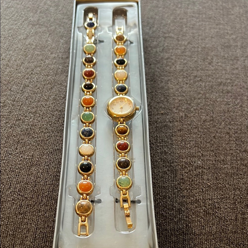 Gold Multicolor Stone Watch and Bracelet Set